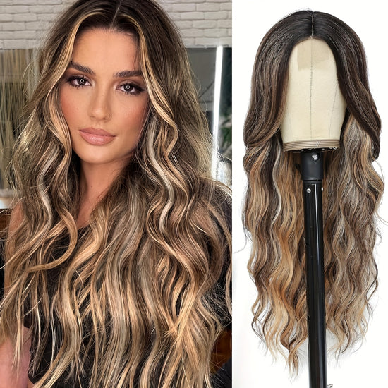 4*1 U-Part Lace Front Long Wigs For Women Middle Part Wavy Curly Wig With Dark Roots Synthetic Heat Resistant Fiber Wig For Daily Party Use (Brown With Blonde) - Lena & Miles Exquisite Boutique LLC.