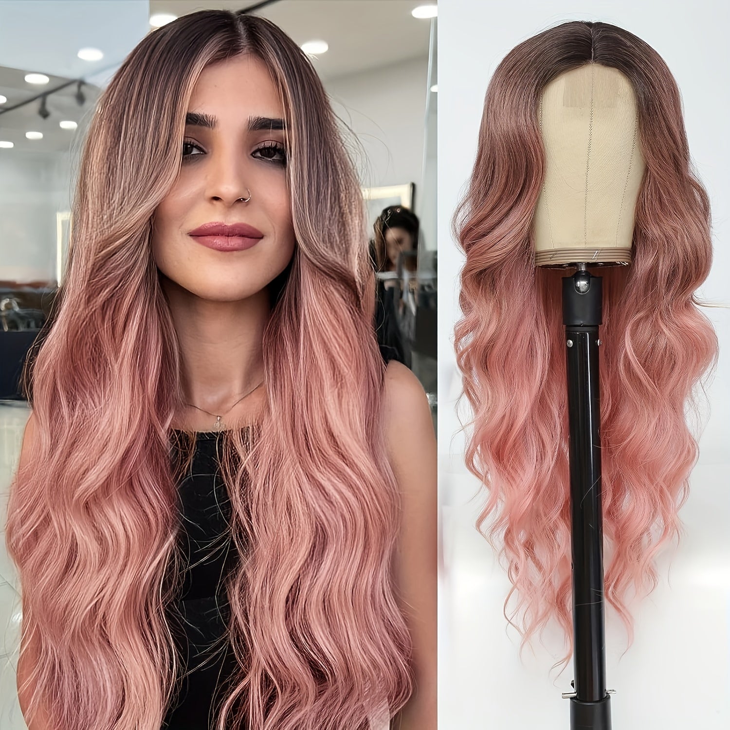 4*1 U-Part Lace Front Long Wigs For Women Middle Part Wavy Curly Wig With Dark Roots Synthetic Heat Resistant Fiber Wig For Daily Party Use (Brown With Blonde) - Lena & Miles Exquisite Boutique LLC.