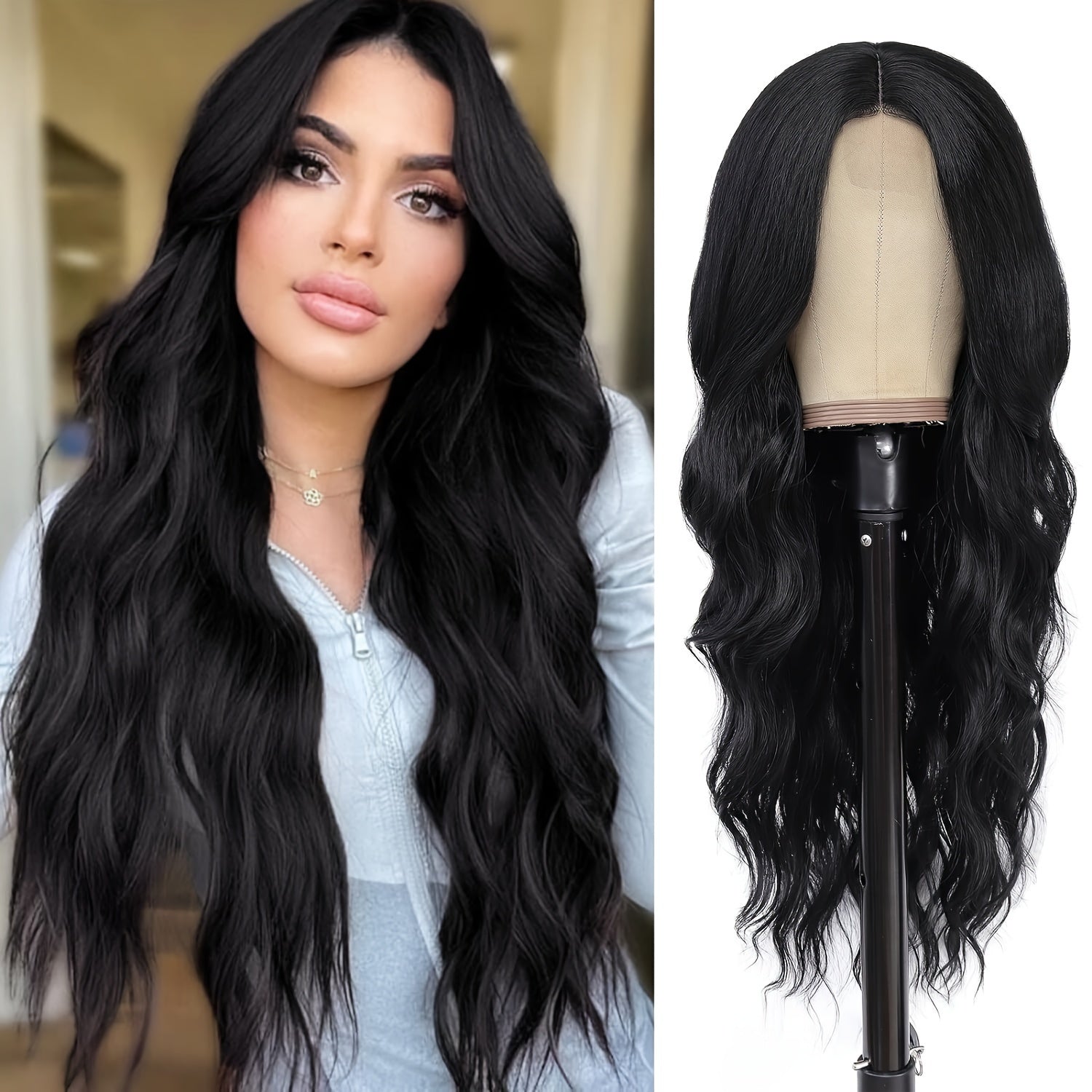 4*1 U-Part Lace Front Long Wigs For Women Middle Part Wavy Curly Wig With Dark Roots Synthetic Heat Resistant Fiber Wig For Daily Party Use (Brown With Blonde) - Lena & Miles Exquisite Boutique LLC.