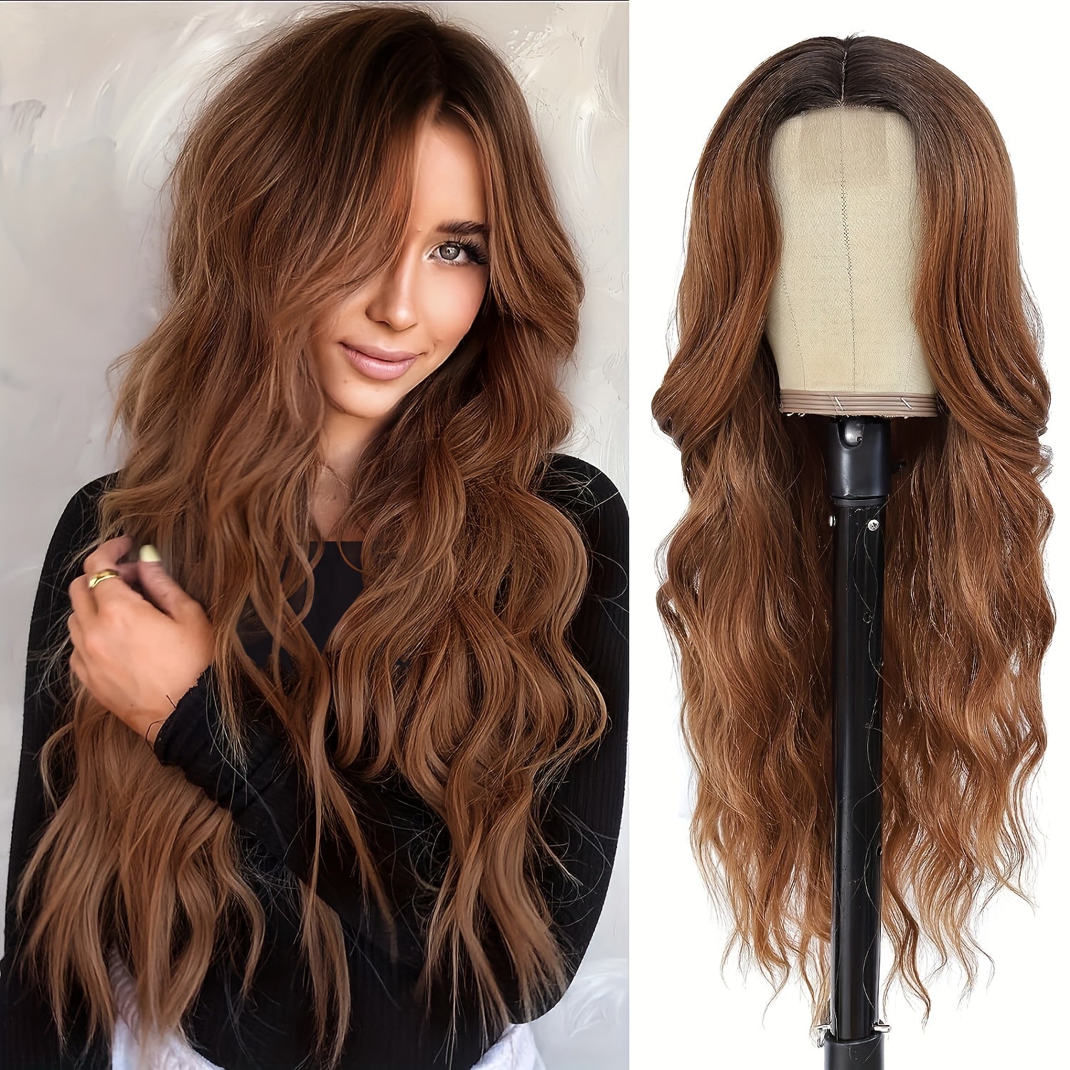 4*1 U-Part Lace Front Long Wigs For Women Middle Part Wavy Curly Wig With Dark Roots Synthetic Heat Resistant Fiber Wig For Daily Party Use (Brown With Blonde) - Lena & Miles Exquisite Boutique LLC.