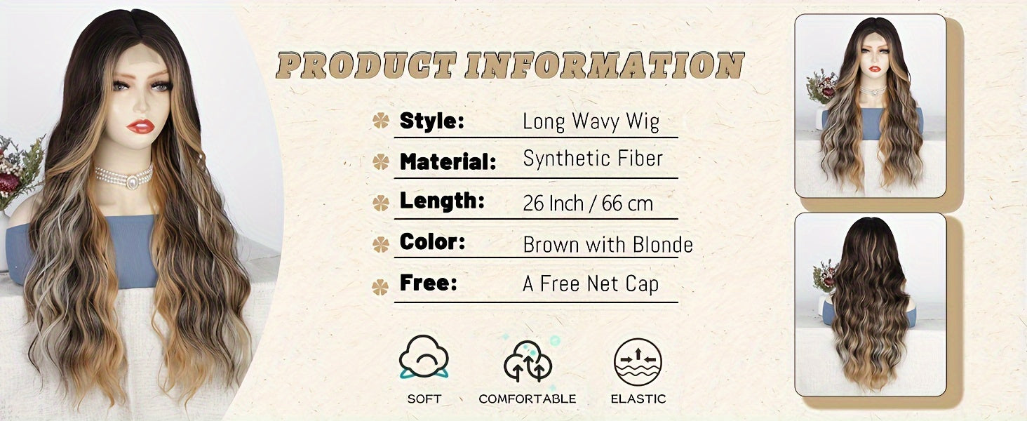 4*1 U-Part Lace Front Long Wigs For Women Middle Part Wavy Curly Wig With Dark Roots Synthetic Heat Resistant Fiber Wig For Daily Party Use (Brown With Blonde) - Lena & Miles Exquisite Boutique LLC.