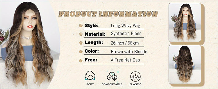 4*1 U-Part Lace Front Long Wigs For Women Middle Part Wavy Curly Wig With Dark Roots Synthetic Heat Resistant Fiber Wig For Daily Party Use (Brown With Blonde) - Lena & Miles Exquisite Boutique LLC.