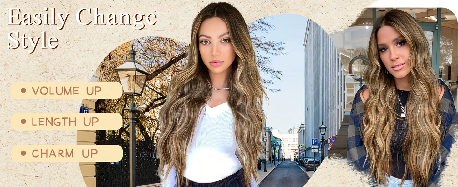 4*1 U-Part Lace Front Long Wigs For Women Middle Part Wavy Curly Wig With Dark Roots Synthetic Heat Resistant Fiber Wig For Daily Party Use (Brown With Blonde) - Lena & Miles Exquisite Boutique LLC.