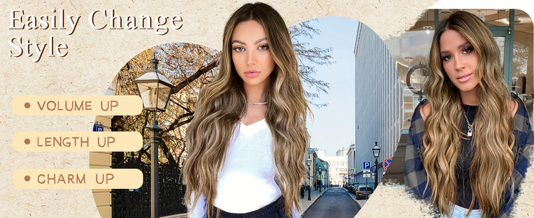 4*1 U-Part Lace Front Long Wigs For Women Middle Part Wavy Curly Wig With Dark Roots Synthetic Heat Resistant Fiber Wig For Daily Party Use (Brown With Blonde) - Lena & Miles Exquisite Boutique LLC.