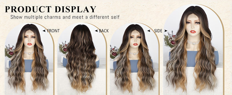4*1 U-Part Lace Front Long Wigs For Women Middle Part Wavy Curly Wig With Dark Roots Synthetic Heat Resistant Fiber Wig For Daily Party Use (Brown With Blonde) - Lena & Miles Exquisite Boutique LLC.