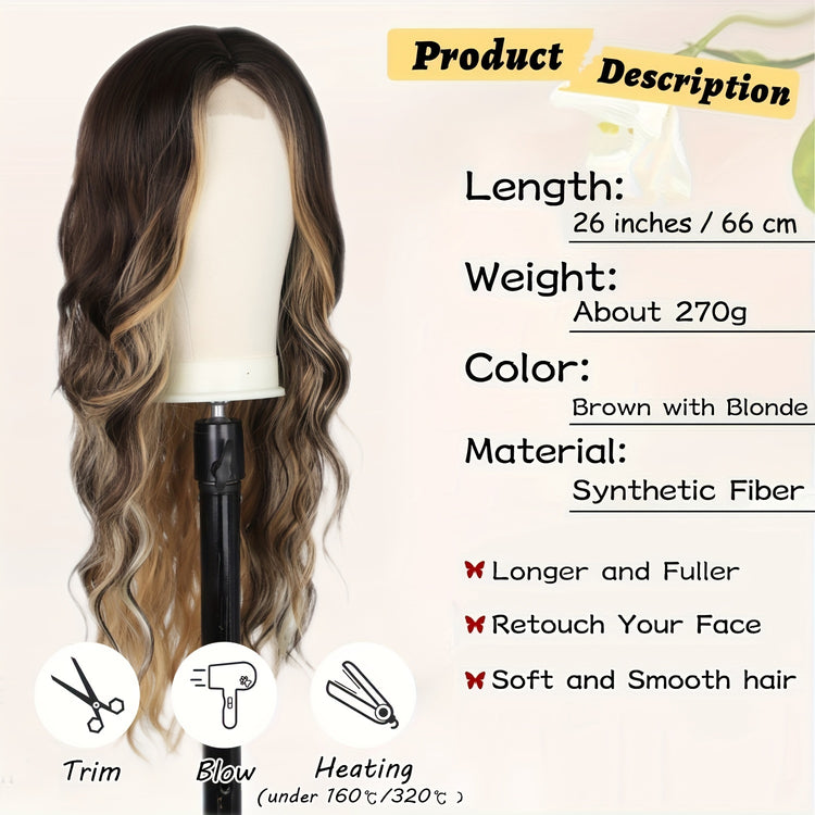 4*1 U-Part Lace Front Long Wigs For Women Middle Part Wavy Curly Wig With Dark Roots Synthetic Heat Resistant Fiber Wig For Daily Party Use (Brown With Blonde) - Lena & Miles Exquisite Boutique LLC.