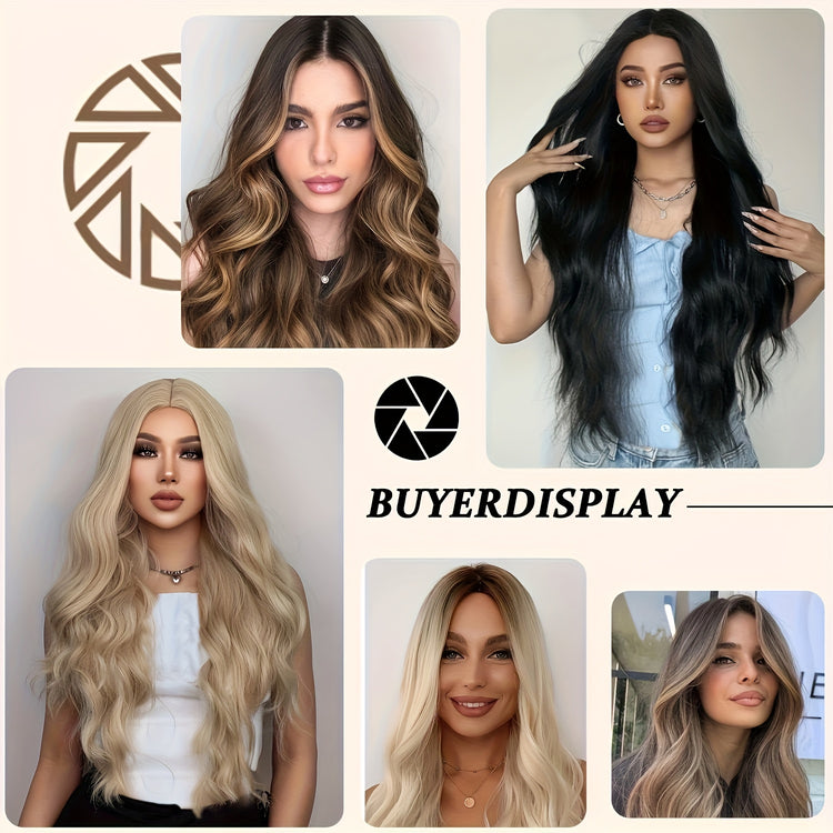 4*1 U-Part Lace Front Long Wigs For Women Middle Part Wavy Curly Wig With Dark Roots Synthetic Heat Resistant Fiber Wig For Daily Party Use (Brown With Blonde) - Lena & Miles Exquisite Boutique LLC.