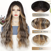 4*1 U-Part Lace Front Long Wigs For Women Middle Part Wavy Curly Wig With Dark Roots Synthetic Heat Resistant Fiber Wig For Daily Party Use (Brown With Blonde) - Lena & Miles Exquisite Boutique LLC.