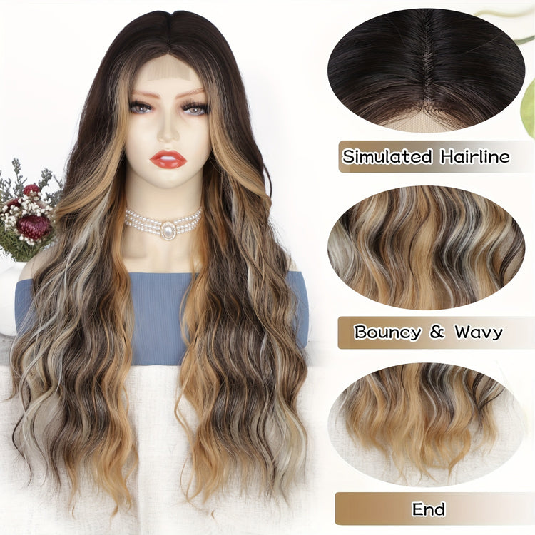 4*1 U-Part Lace Front Long Wigs For Women Middle Part Wavy Curly Wig With Dark Roots Synthetic Heat Resistant Fiber Wig For Daily Party Use (Brown With Blonde) - Lena & Miles Exquisite Boutique LLC.