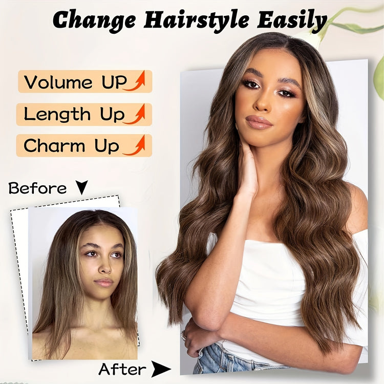 4*1 U-Part Lace Front Long Wigs For Women Middle Part Wavy Curly Wig With Dark Roots Synthetic Heat Resistant Fiber Wig For Daily Party Use (Brown With Blonde) - Lena & Miles Exquisite Boutique LLC.