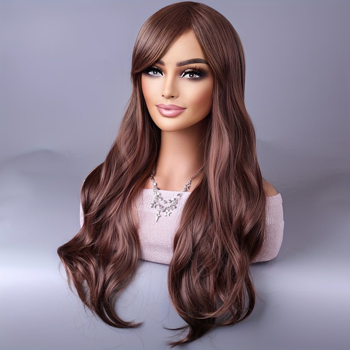 Long Reddish Brown Curly Wig With Bangs For Women Curly Wavy Wigs Synthetic Heat Resistant Fiber For Daily Party Cosplay Use - Lena & Miles Exquisite Boutique LLC.