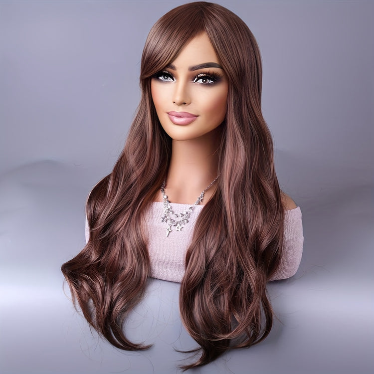 Long Reddish Brown Curly Wig With Bangs For Women Curly Wavy Wigs Synthetic Heat Resistant Fiber For Daily Party Cosplay Use - Lena & Miles Exquisite Boutique LLC.