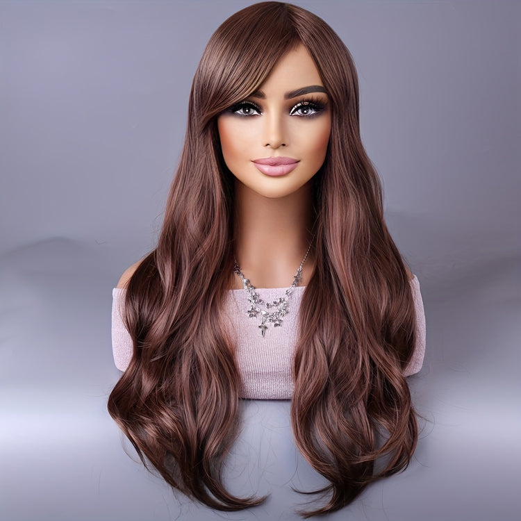 Long Reddish Brown Curly Wig With Bangs For Women Curly Wavy Wigs Synthetic Heat Resistant Fiber For Daily Party Cosplay Use - Lena & Miles Exquisite Boutique LLC.