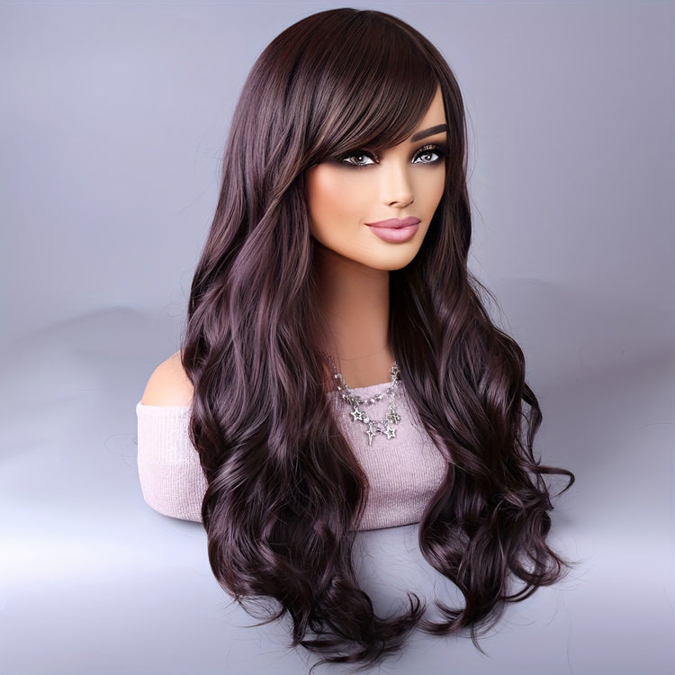 Long Reddish Brown Curly Wig With Bangs For Women Curly Wavy Wigs Synthetic Heat Resistant Fiber For Daily Party Cosplay Use - Lena & Miles Exquisite Boutique LLC.