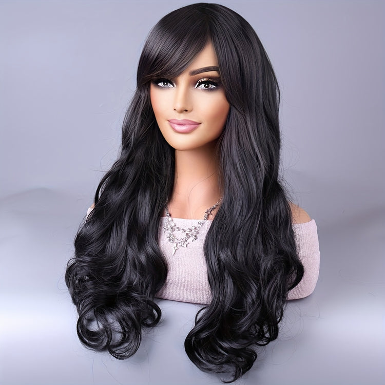 Long Reddish Brown Curly Wig With Bangs For Women Curly Wavy Wigs Synthetic Heat Resistant Fiber For Daily Party Cosplay Use - Lena & Miles Exquisite Boutique LLC.