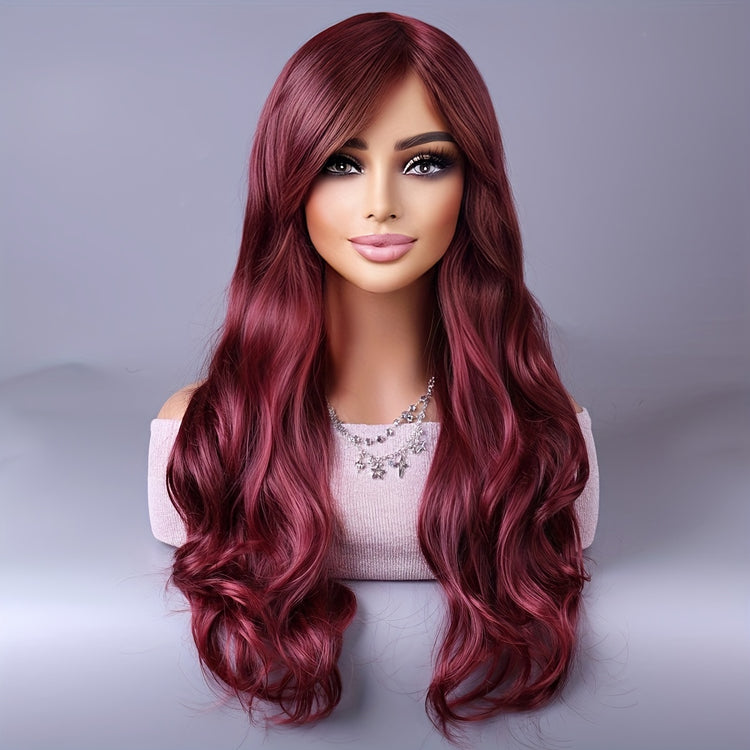 Long Reddish Brown Curly Wig With Bangs For Women Curly Wavy Wigs Synthetic Heat Resistant Fiber For Daily Party Cosplay Use - Lena & Miles Exquisite Boutique LLC.
