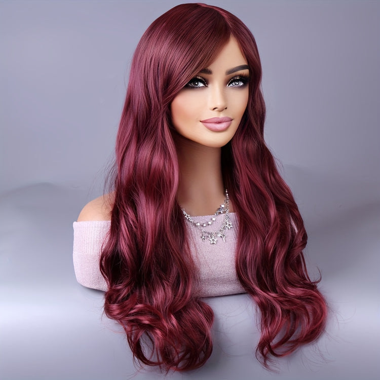 Long Reddish Brown Curly Wig With Bangs For Women Curly Wavy Wigs Synthetic Heat Resistant Fiber For Daily Party Cosplay Use - Lena & Miles Exquisite Boutique LLC.