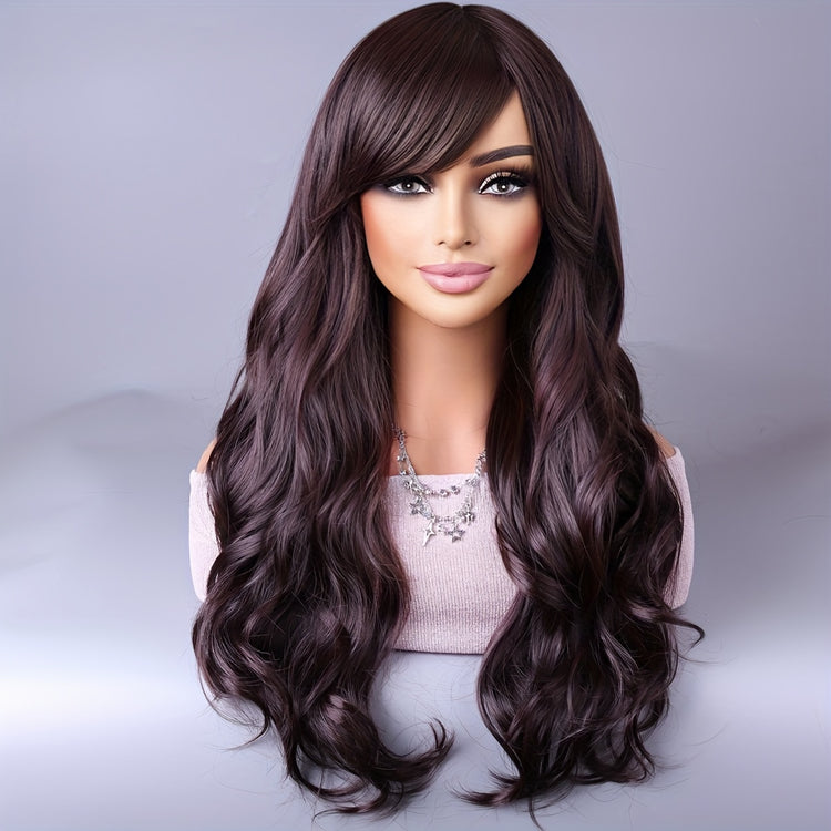 Long Reddish Brown Curly Wig With Bangs For Women Curly Wavy Wigs Synthetic Heat Resistant Fiber For Daily Party Cosplay Use - Lena & Miles Exquisite Boutique LLC.
