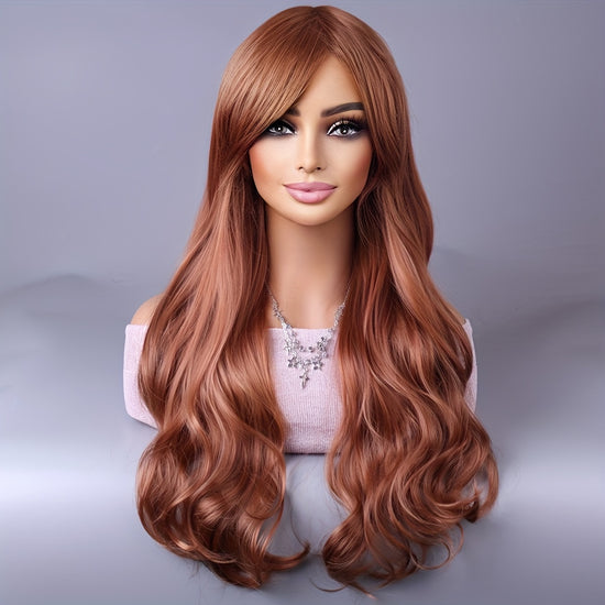 Long Reddish Brown Curly Wig With Bangs For Women Curly Wavy Wigs Synthetic Heat Resistant Fiber For Daily Party Cosplay Use - Lena & Miles Exquisite Boutique LLC.