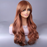 Long Reddish Brown Curly Wig With Bangs For Women Curly Wavy Wigs Synthetic Heat Resistant Fiber For Daily Party Cosplay Use - Lena & Miles Exquisite Boutique LLC.