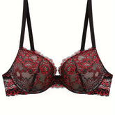 Floral Embroidery Lace Bra, Retro Push Up Underwire Bra, Women&