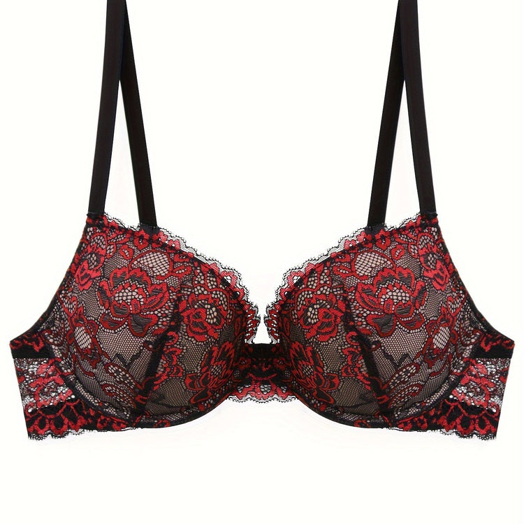 Floral Embroidery Lace Bra, Retro Push Up Underwire Bra, Women&