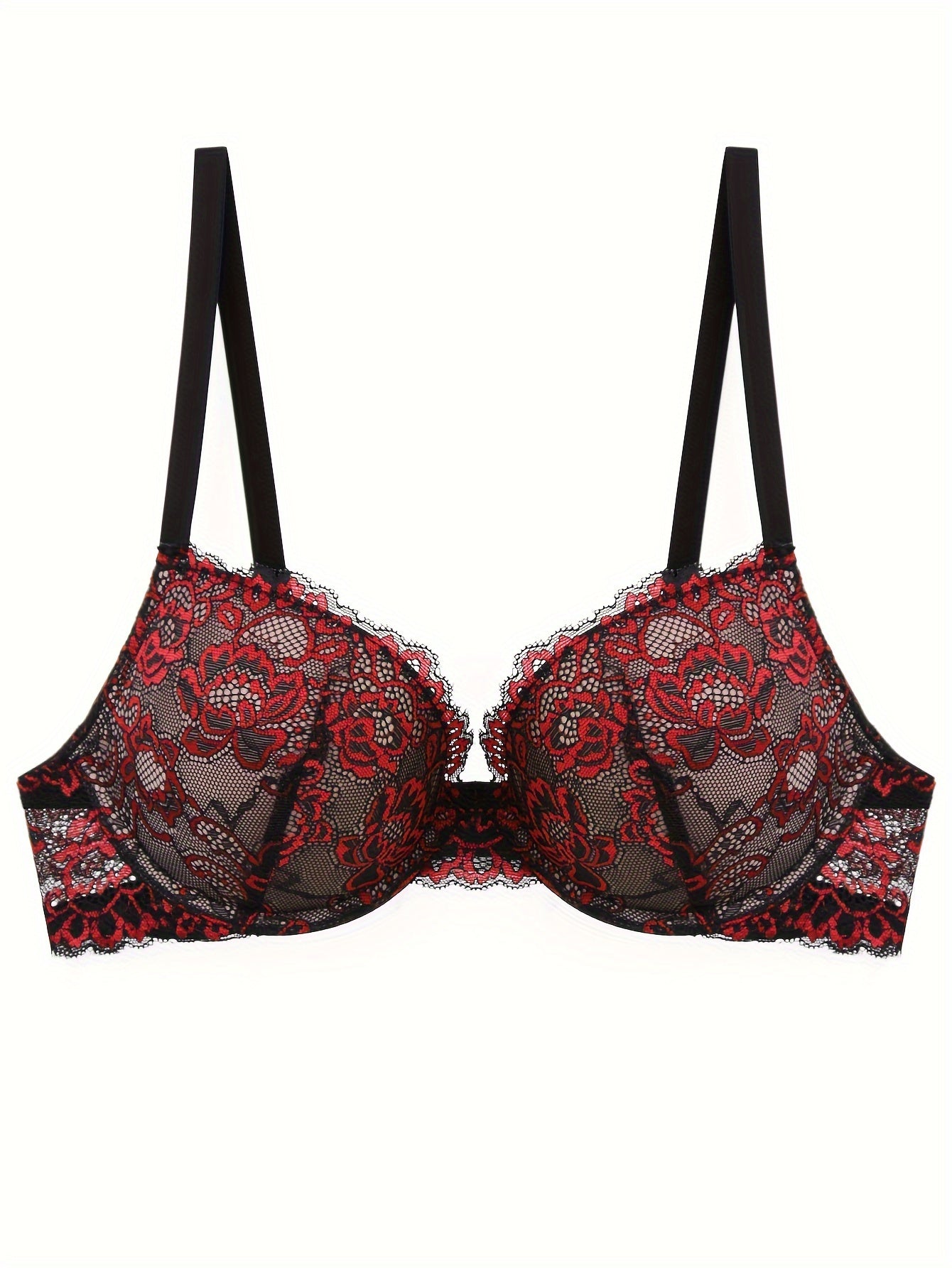 Floral Embroidery Lace Bra, Retro Push Up Underwire Bra, Women&
