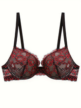 Floral Embroidery Lace Bra, Retro Push Up Underwire Bra, Women&
