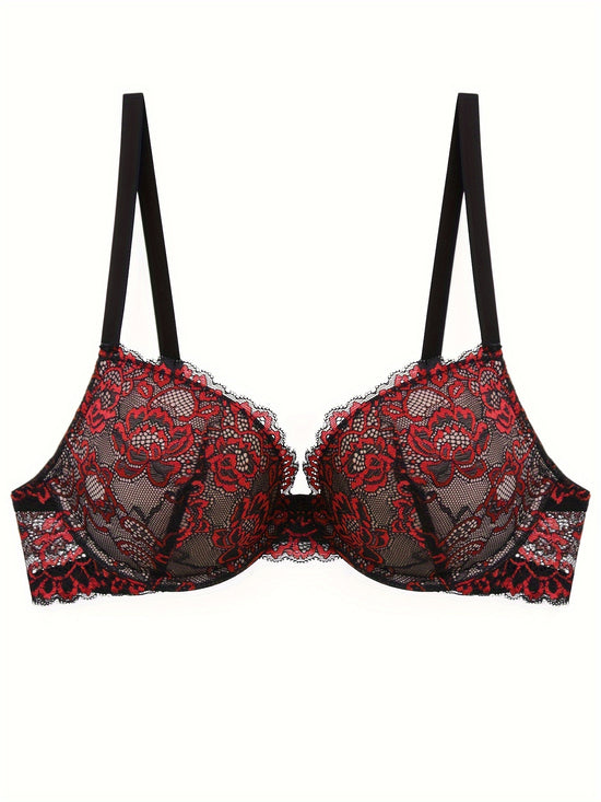 Floral Embroidery Lace Bra, Retro Push Up Underwire Bra, Women&