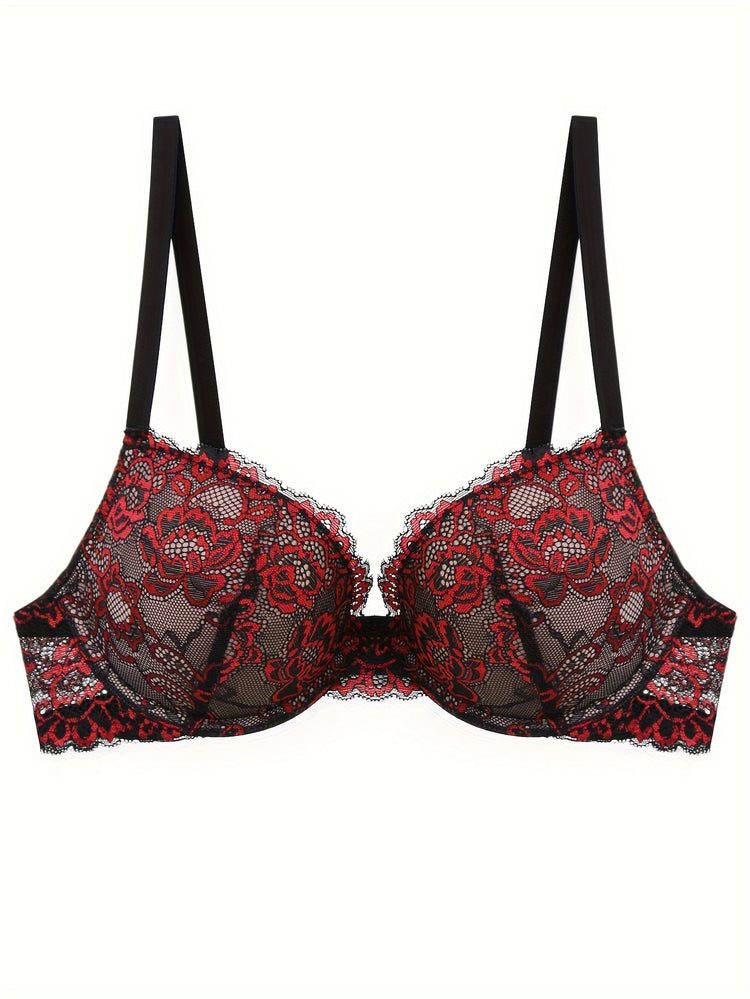 Floral Embroidery Lace Bra, Retro Push Up Underwire Bra, Women&