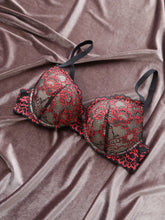 Floral Embroidery Lace Bra, Retro Push Up Underwire Bra, Women&