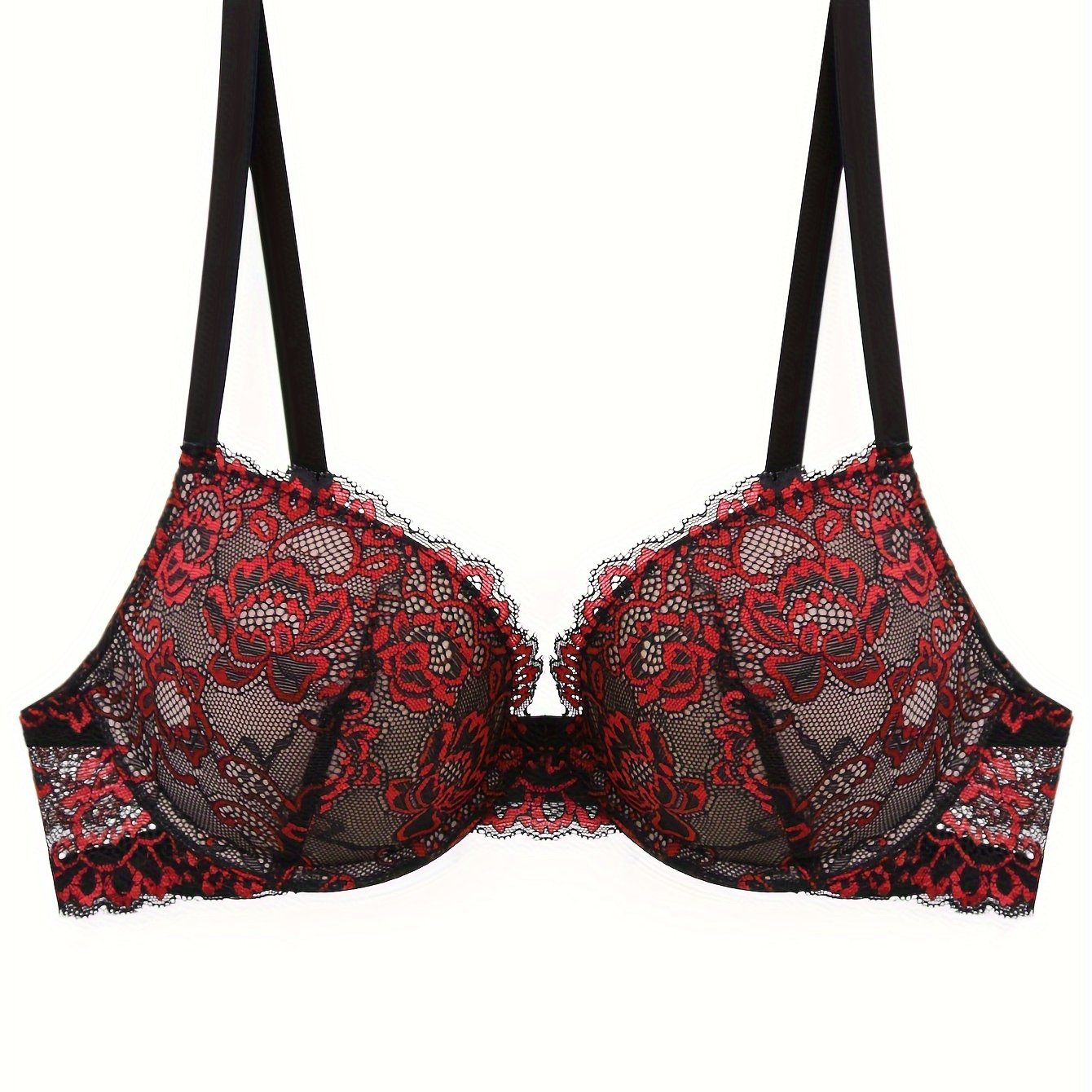 Floral Embroidery Lace Bra, Retro Push Up Underwire Bra, Women&
