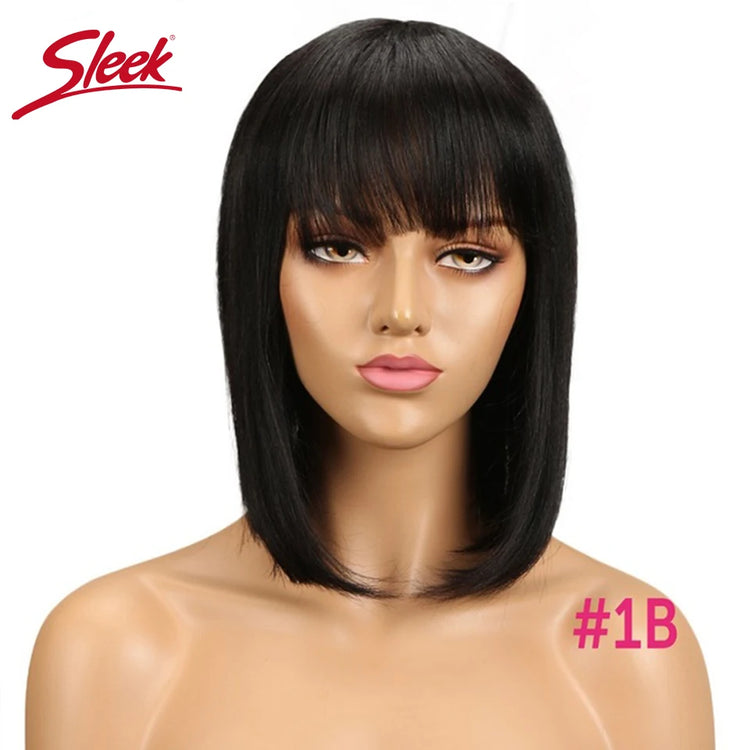 Sleek Short Bob Wigs With Bangs Brazilian Straight Hair Wigs Brown P4/30