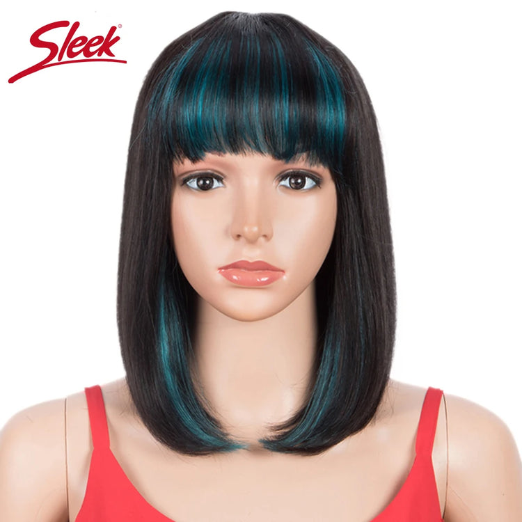 Sleek Short Bob Wigs With Bangs Brazilian Straight Hair Wigs Brown P4/30
