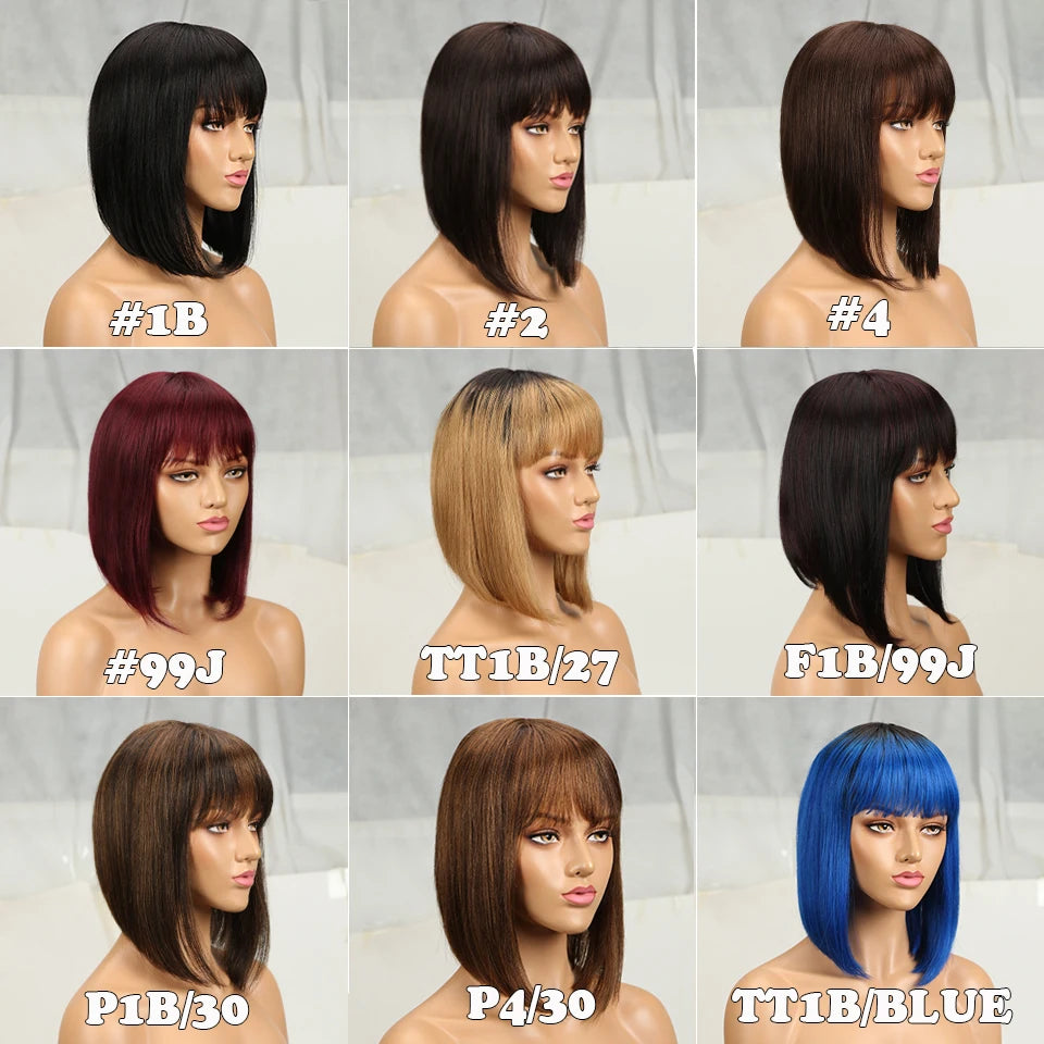 Sleek Short Bob Wigs With Bangs Brazilian Straight Hair Wigs Brown P4/30