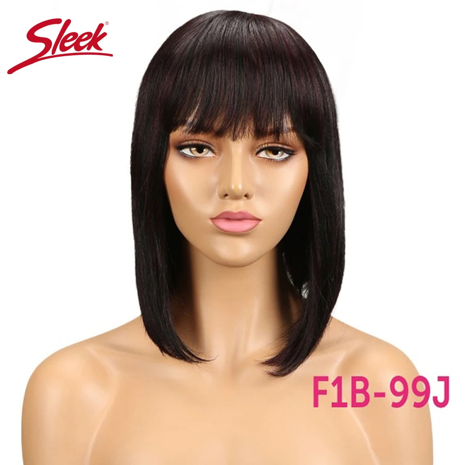 Sleek Short Bob Wigs With Bangs Brazilian Straight Hair Wigs Brown P4/30