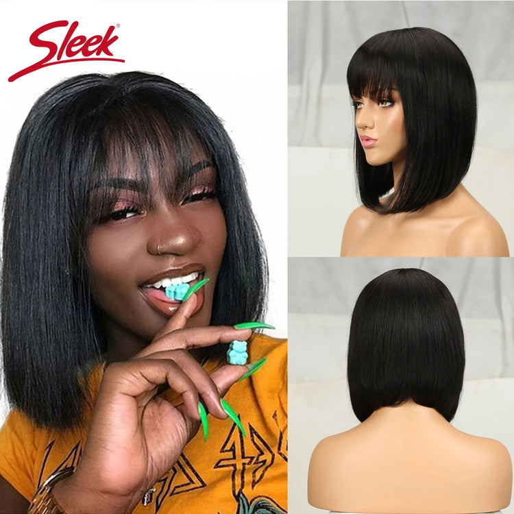 Sleek Short Bob Wigs With Bangs Brazilian Straight Hair Wigs Brown P4/30