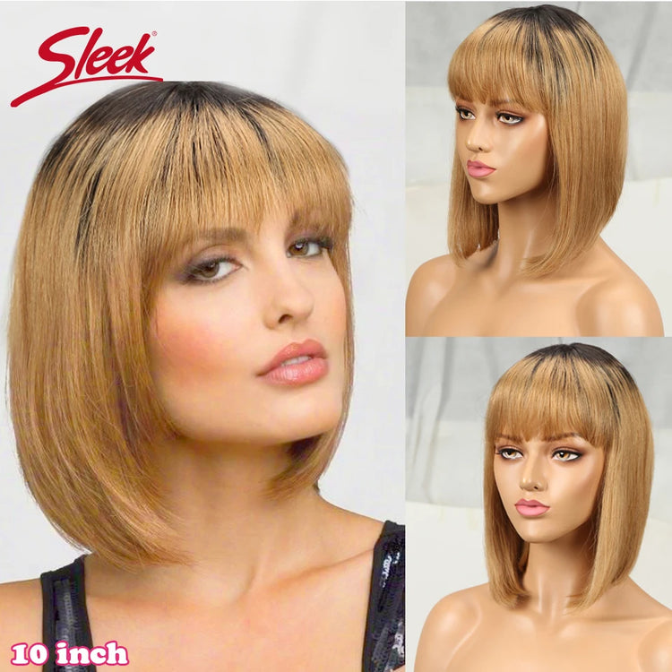 Sleek Short Bob Wigs With Bangs Brazilian Straight Hair Wigs Brown P4/30