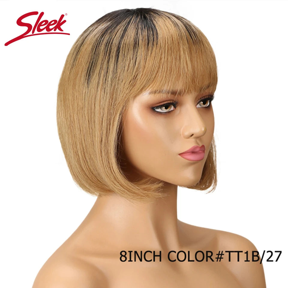 Sleek Short Bob Wigs With Bangs Brazilian Straight Hair Wigs Brown P4/30