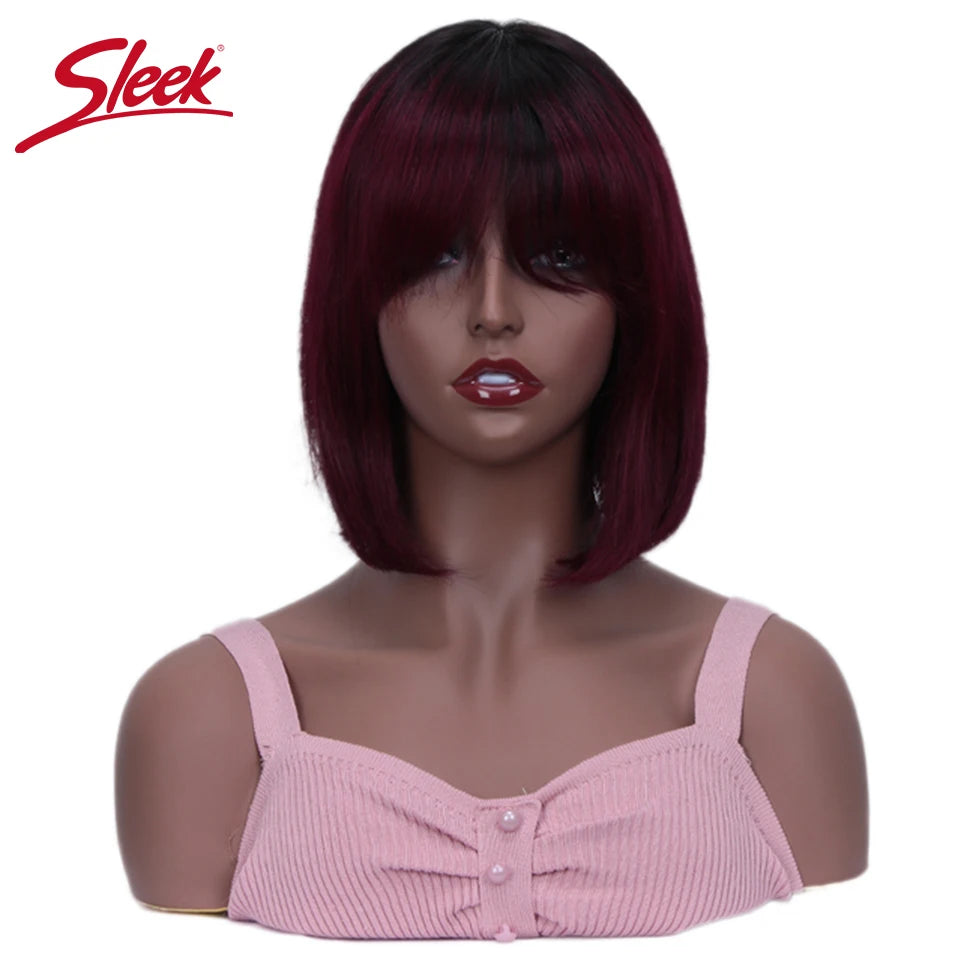 Sleek Short Bob Wigs With Bangs Brazilian Straight Hair Wigs Brown P4/30