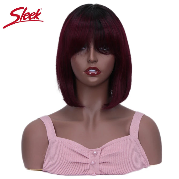 Sleek Short Bob Wigs With Bangs Brazilian Straight Hair Wigs Brown P4/30