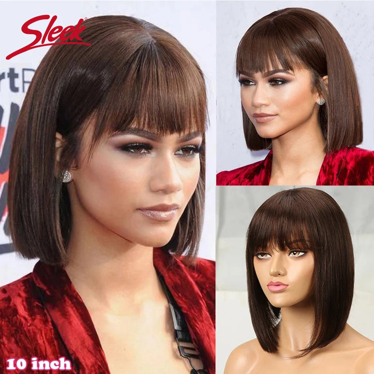 Sleek Short Bob Wigs With Bangs Brazilian Straight Hair Wigs Brown P4/30