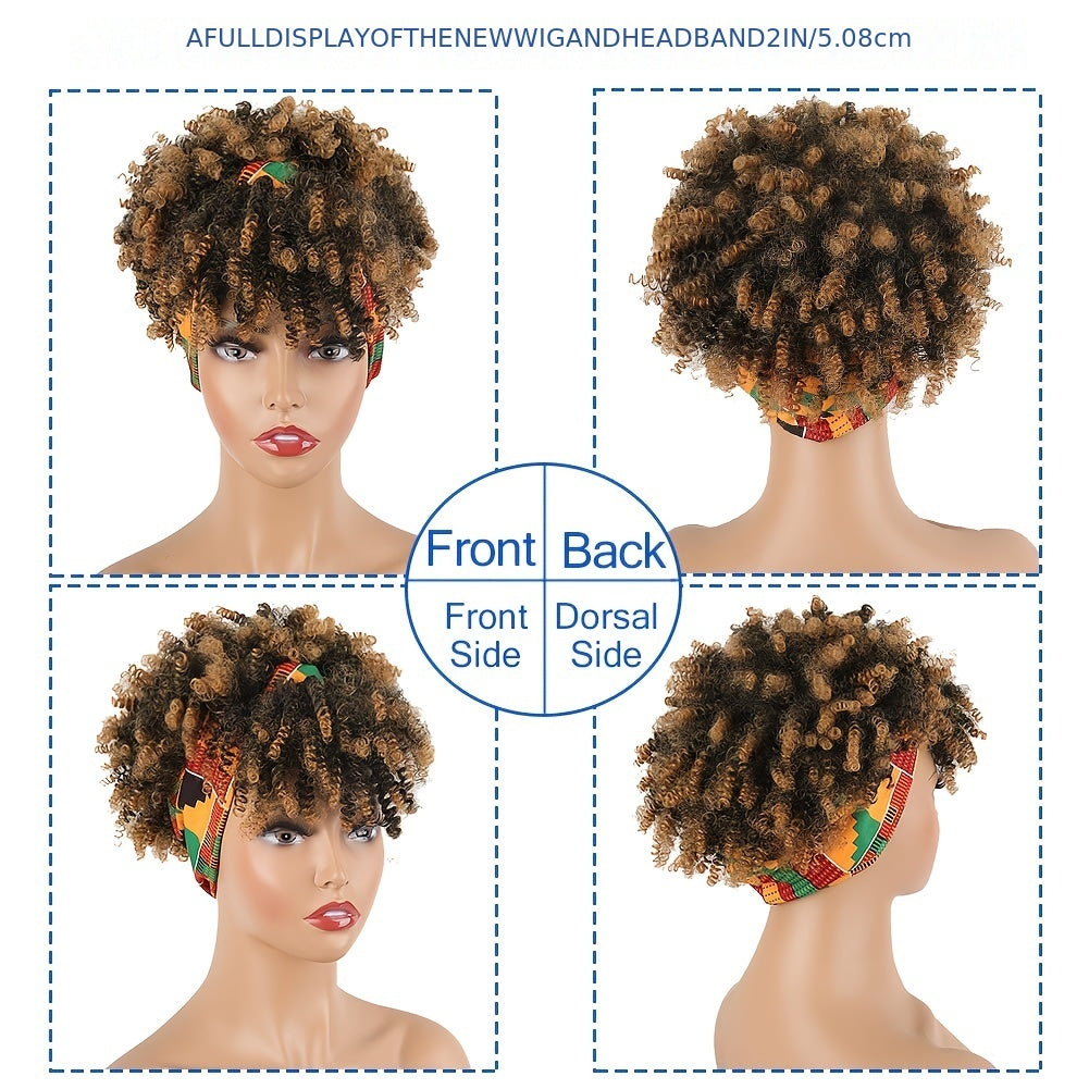 Headband Wigs Short Afro Kinky Curly Hair Wigs For Women None Lace Synthetic Curly Hair Wigs With Headband 6 Inch Music Festival - Lena & Miles Exquisite Boutique LLC.