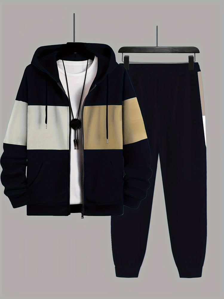Plus Size 2Pcs Outfits - Sweatsuits for Spring, Fall, and Winter with Contrast Hooded Jacket and Joggers Set, Comfortable Men&
