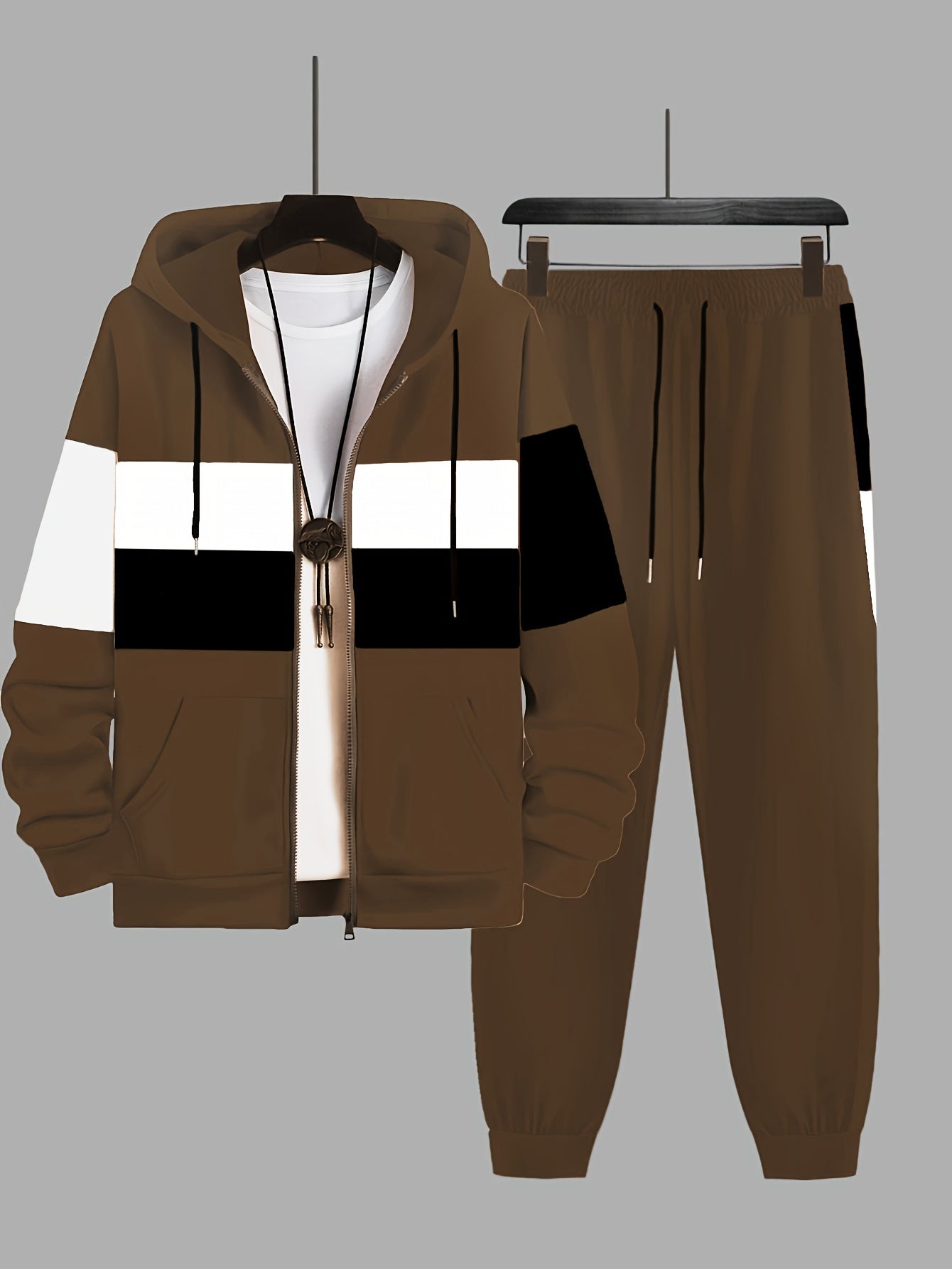Plus Size 2Pcs Outfits - Sweatsuits for Spring, Fall, and Winter with Contrast Hooded Jacket and Joggers Set, Comfortable Men&