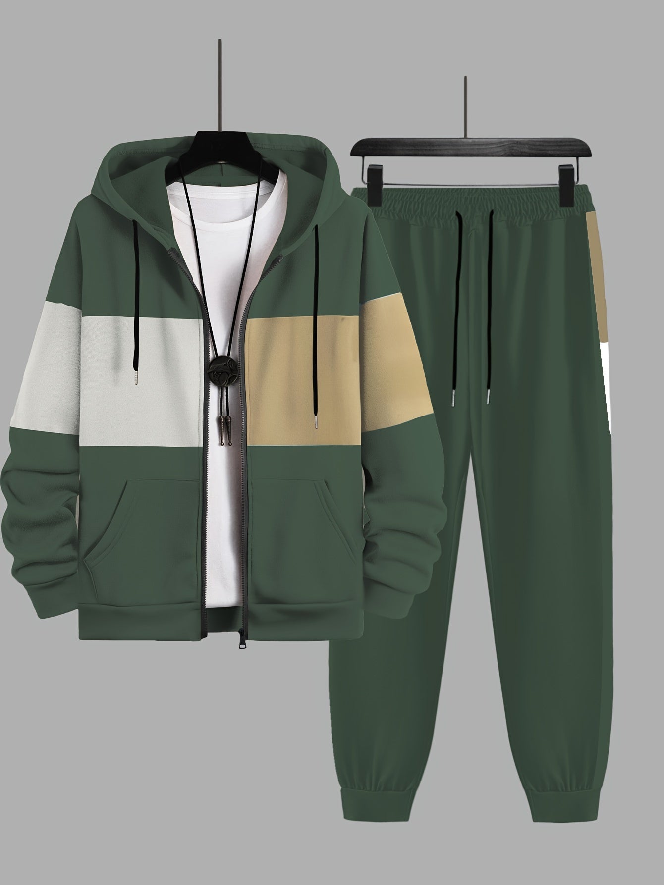 Plus Size 2Pcs Outfits - Sweatsuits for Spring, Fall, and Winter with Contrast Hooded Jacket and Joggers Set, Comfortable Men&