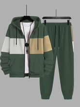 Plus Size 2Pcs Outfits - Sweatsuits for Spring, Fall, and Winter with Contrast Hooded Jacket and Joggers Set, Comfortable Men&