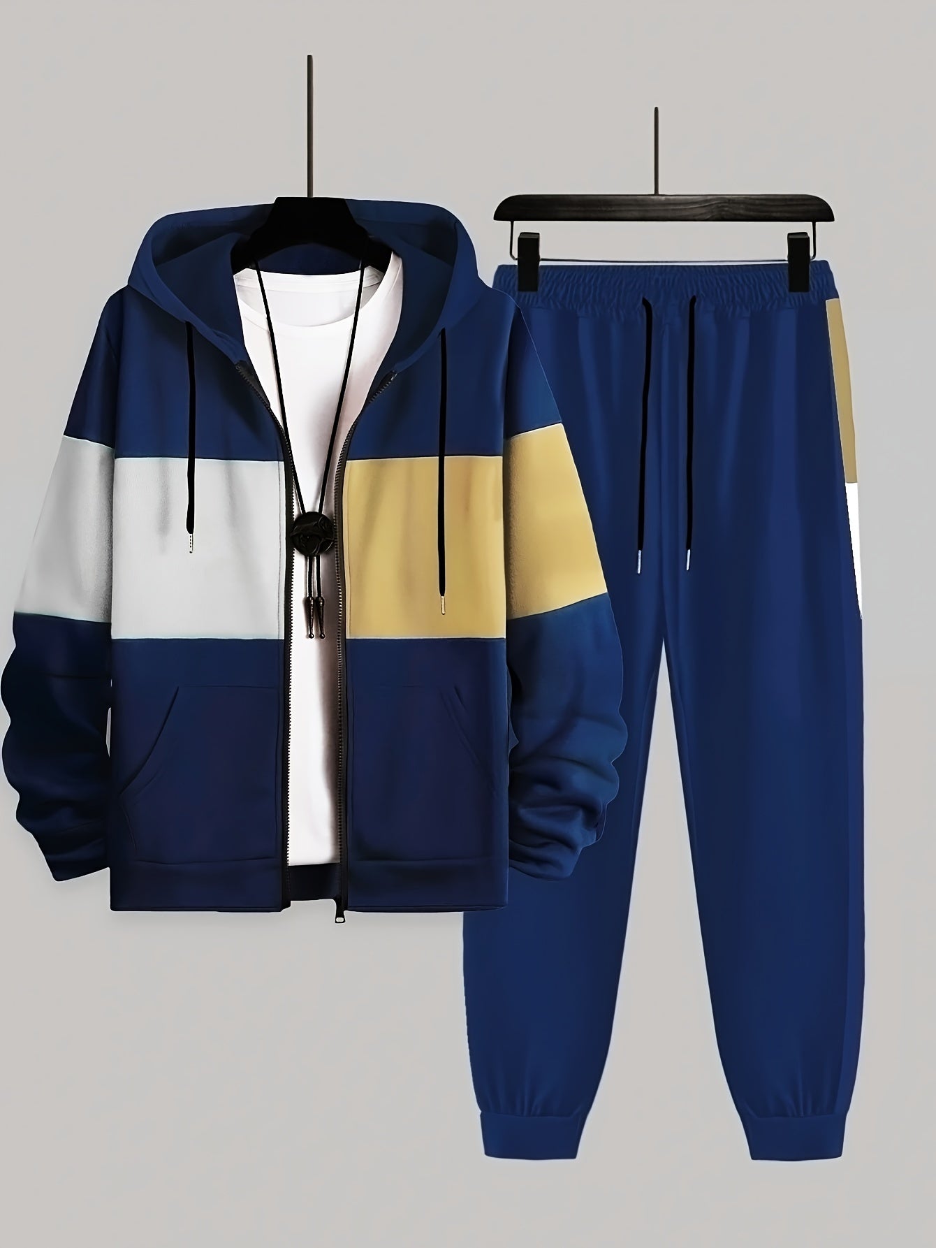Plus Size 2Pcs Outfits - Sweatsuits for Spring, Fall, and Winter with Contrast Hooded Jacket and Joggers Set, Comfortable Men&
