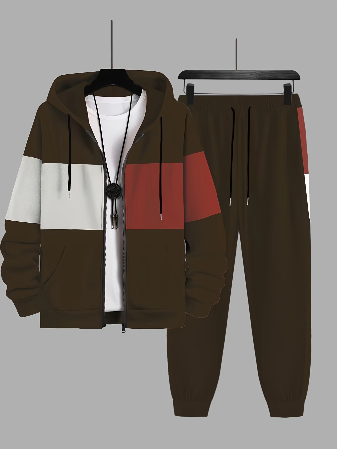 Plus Size 2Pcs Outfits - Sweatsuits for Spring, Fall, and Winter with Contrast Hooded Jacket and Joggers Set, Comfortable Men&
