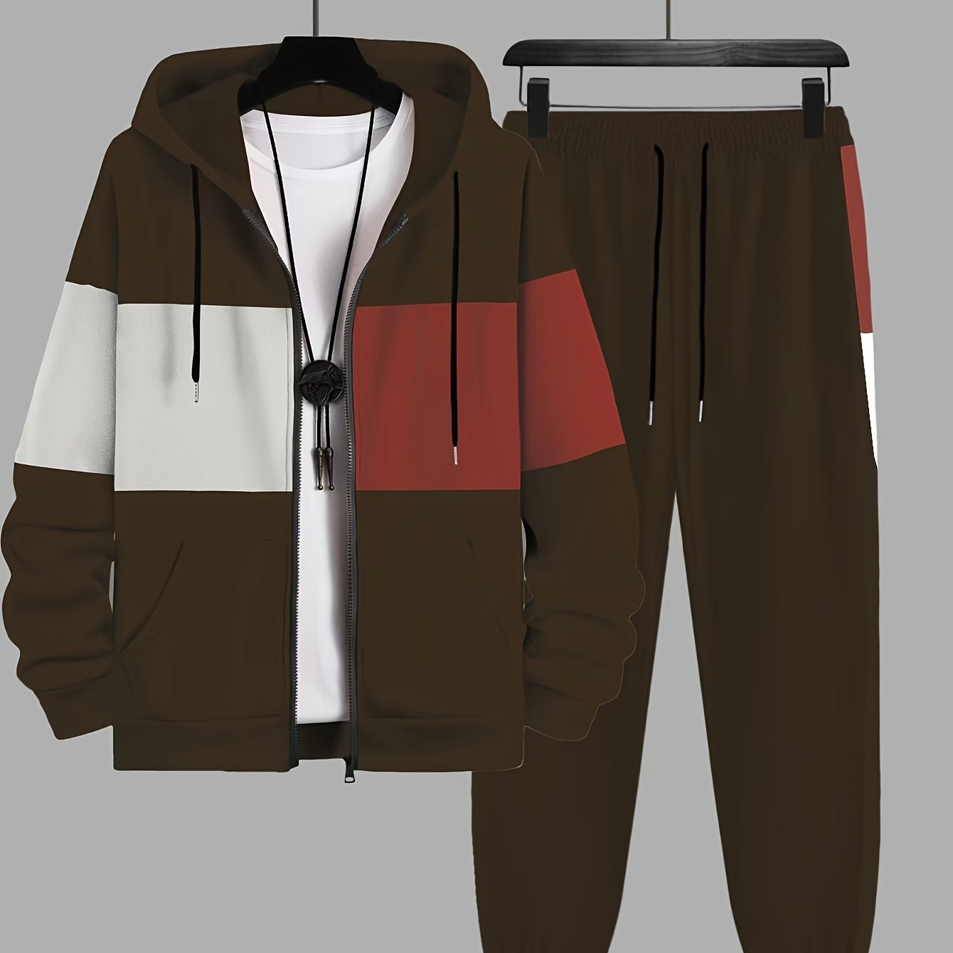 Plus Size 2Pcs Outfits - Sweatsuits for Spring, Fall, and Winter with Contrast Hooded Jacket and Joggers Set, Comfortable Men&